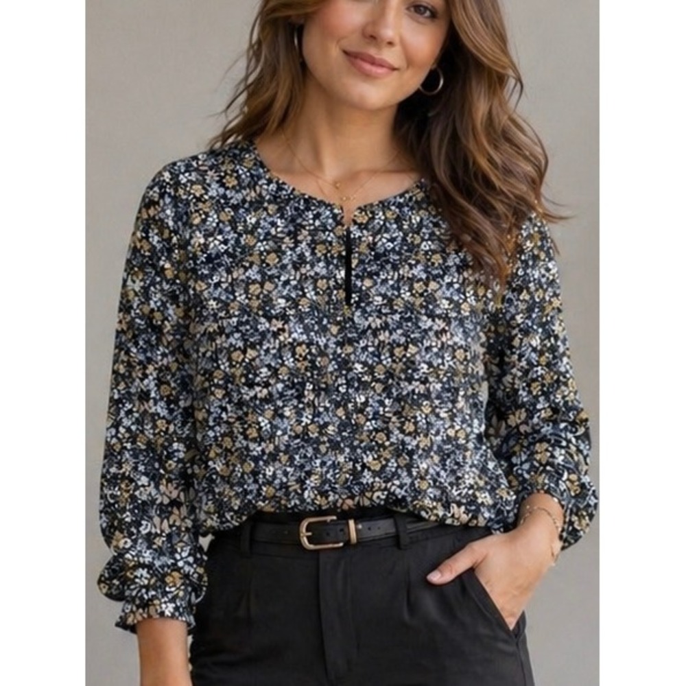 Banana‎ Republic Womens Blouse Blue Floral M Split Neck Long Sleeve Keyhole Top
